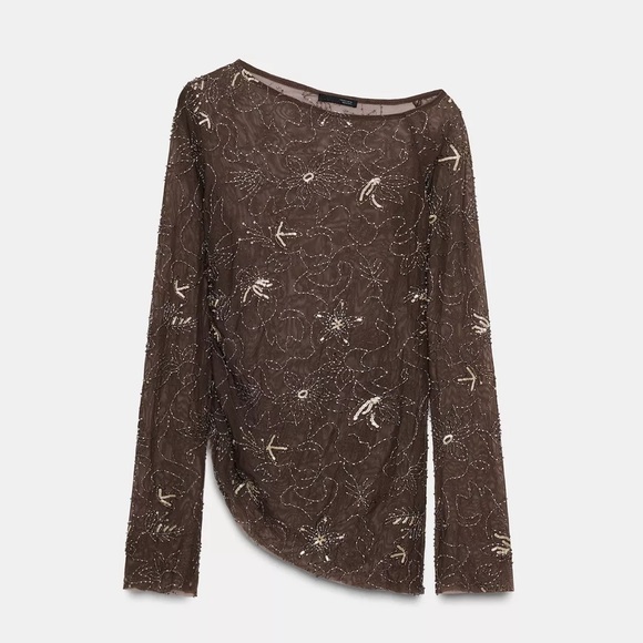 ZARA DRAPED TULLE TOP WITH BEADED EMBROIDERY - Picture 11 of 12